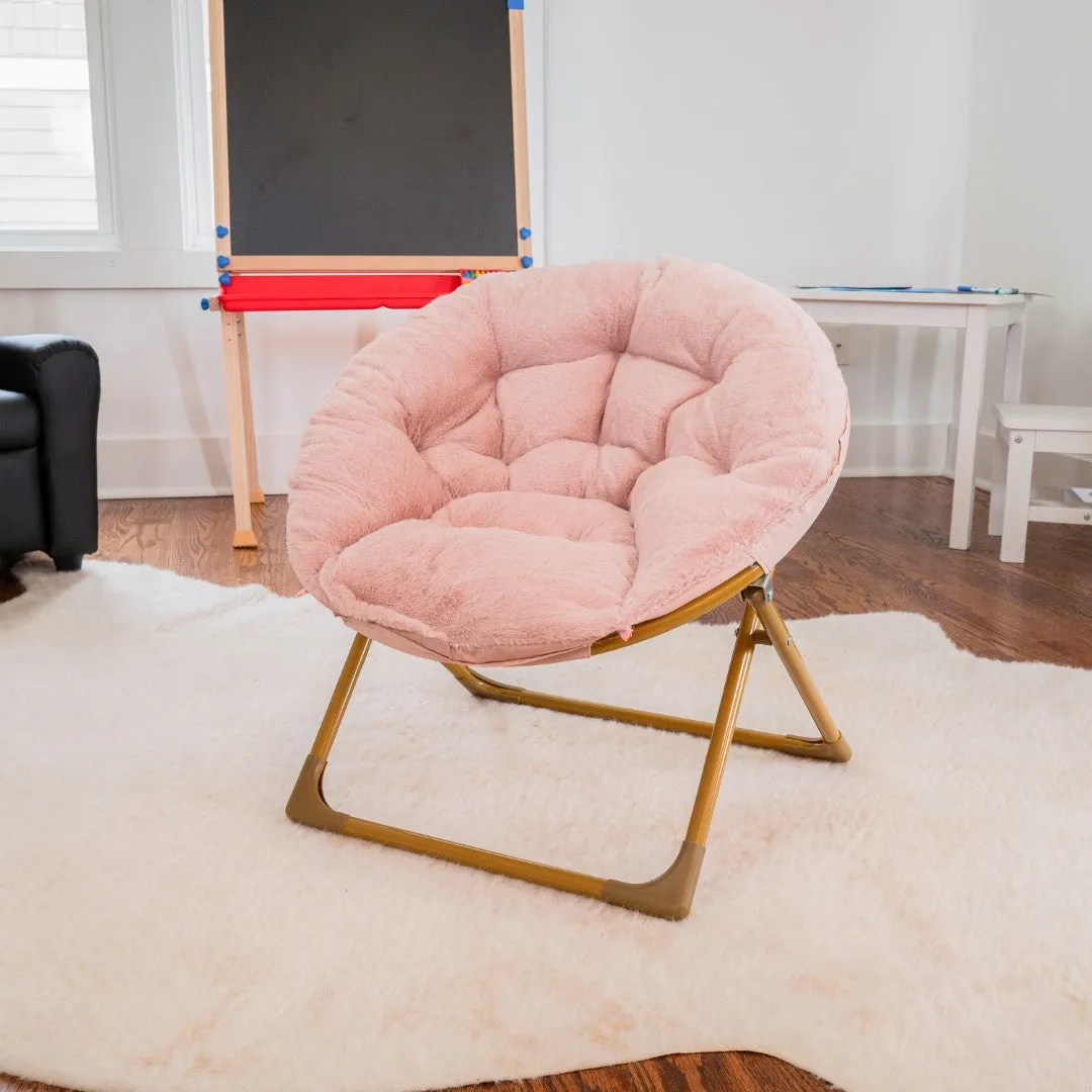 23" Kids Cozy Mini Folding Saucer Chair, Faux Fur Moon Chair for Toddlers and Bedroom, Blush/Soft Gold
