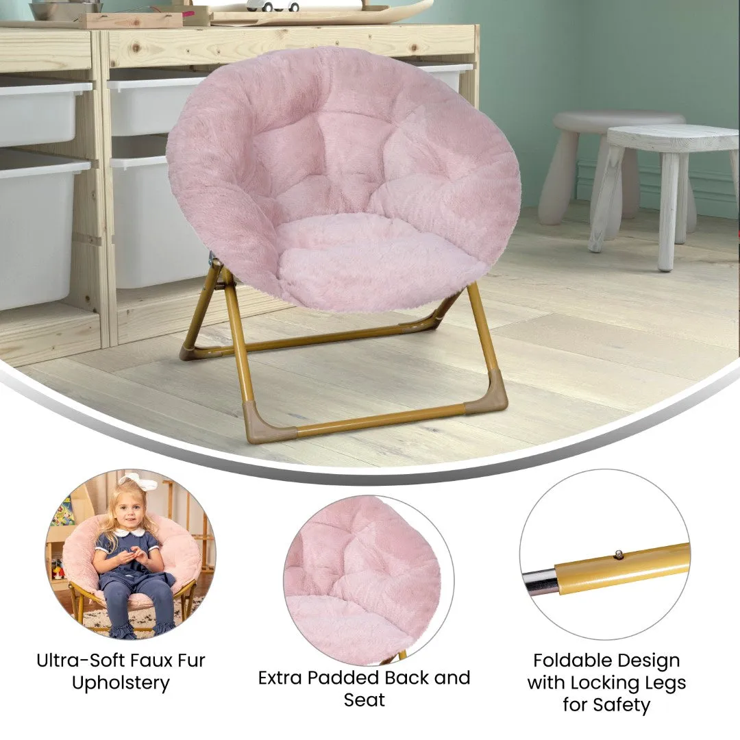 23" Kids Cozy Mini Folding Saucer Chair, Faux Fur Moon Chair for Toddlers and Bedroom, Blush/Soft Gold