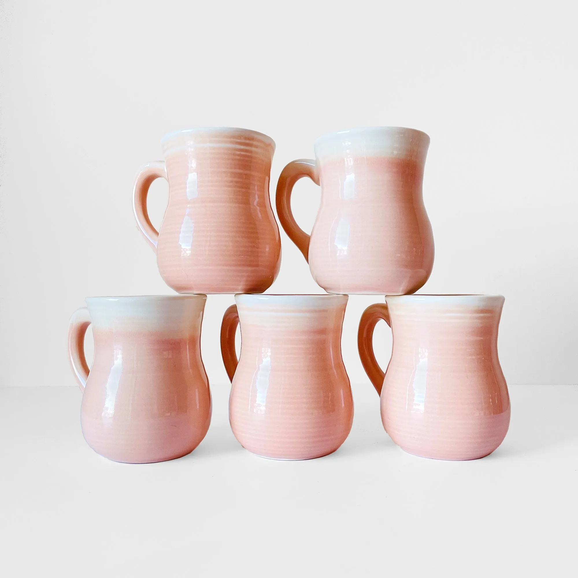 5 Piece 1980s Pink and White Ceramic Pottery Cups Set