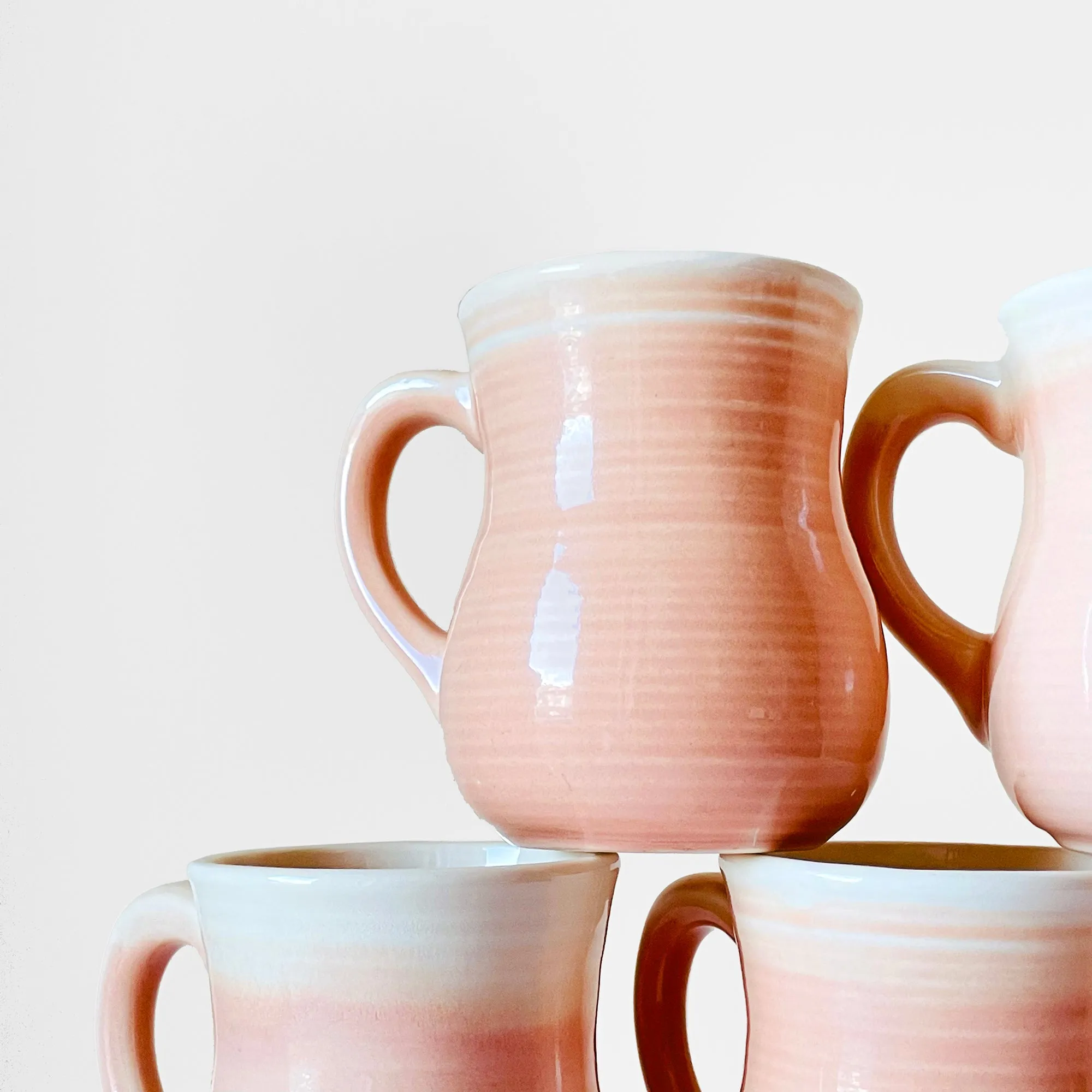 5 Piece 1980s Pink and White Ceramic Pottery Cups Set