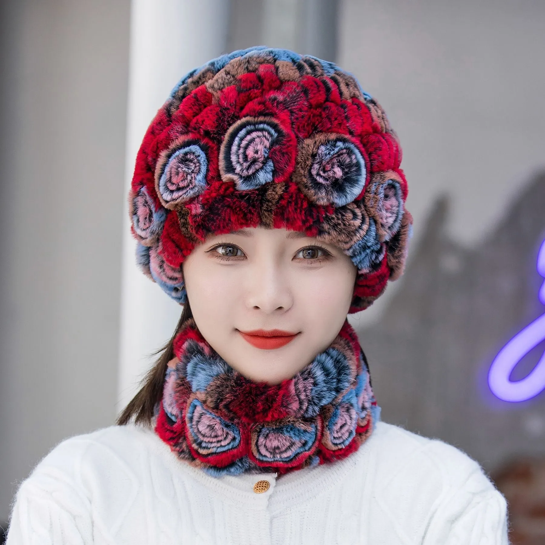 Winter Warm Rex Rabbit Fur Hat Scarf Suit
